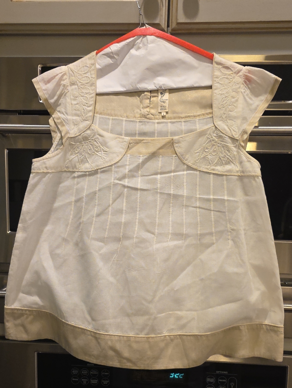 Anthropologie Floreat Cream Embroidered Cap-Sleeve Top with Contrast Hem